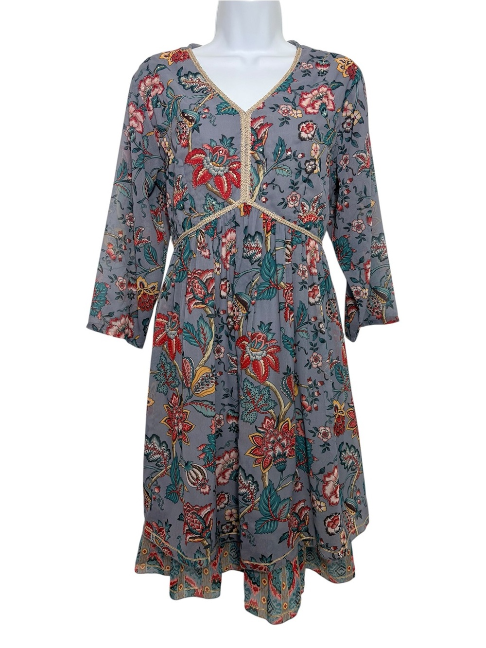 Soch Floral Boho Indie Babydoll Dress Gray V Neck Ruffle Hem Prairie SzL FLAWED
